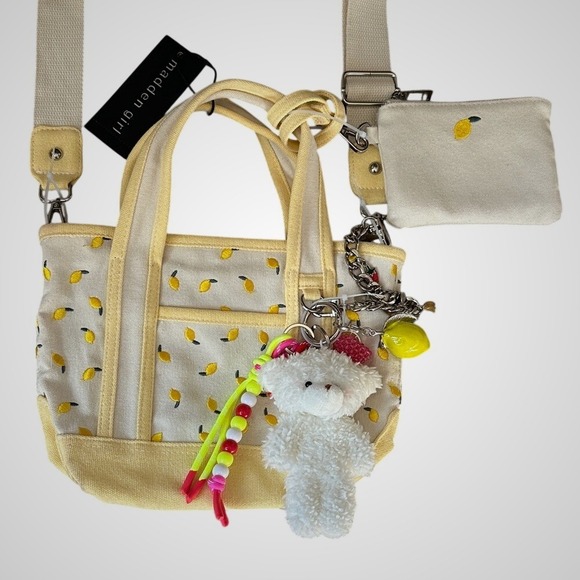Madden Girl Canvas Lemon Print Mini Tote Bag Crossbody Pouch Charm Set New